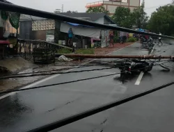 Hujan Deras, Tiang PLN Tumbang Nyaris Menimpa Pengendara Motor