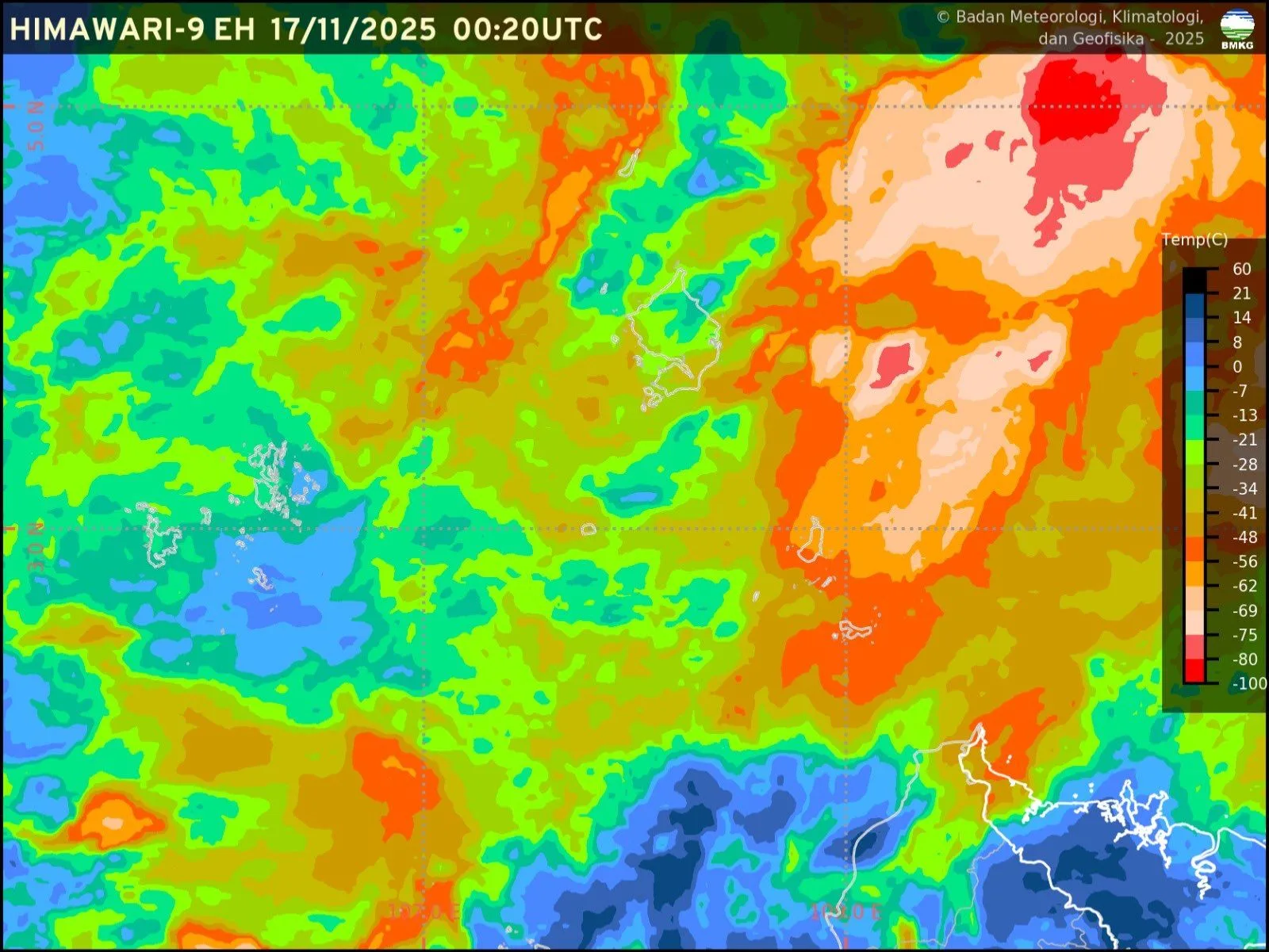 Pantauan cuaca Senin (17/11/2025) melalui satelit Himawari-9 EH.
