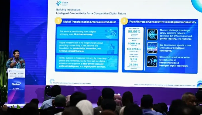 is Jenderal (Sekjen) Kementerian Komunikasi dan Digital (Kemkomdigi), Ismail, saat memberikan paparan dalam acara Digital Transformation Indonesia Conference and Expo (DTI-CX) 2026, di JCC Senayan, Jakarta, Rabu, 5 Agustus 2026